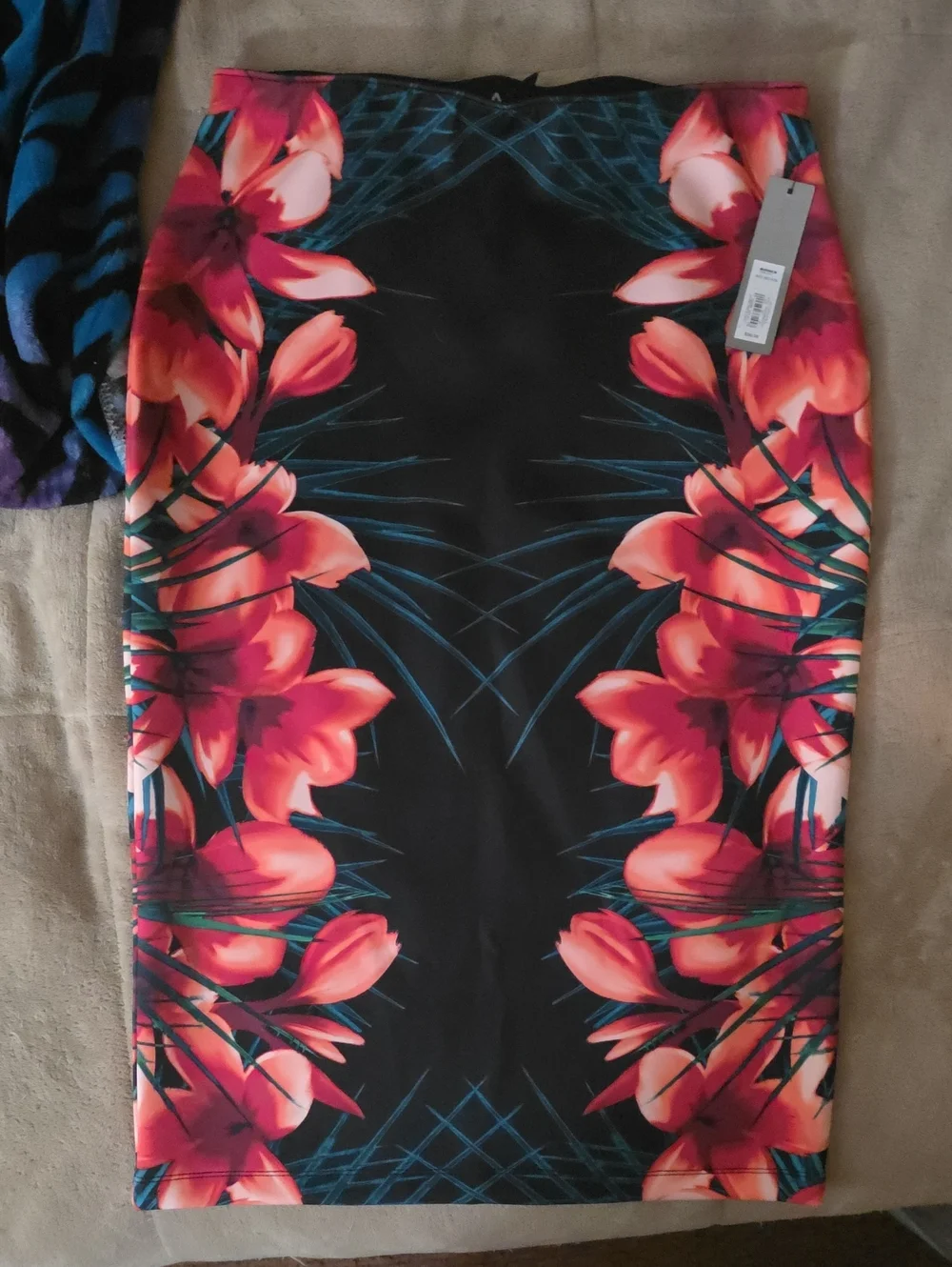 Floral Pencil Skirt - Black with Red Pink Bloom Print